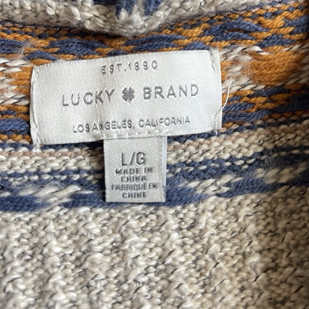 Lucky Brand Cardigan Women L Open Front Geometric Aztec Beige Boho Pockets Long - Picture 4 of 10